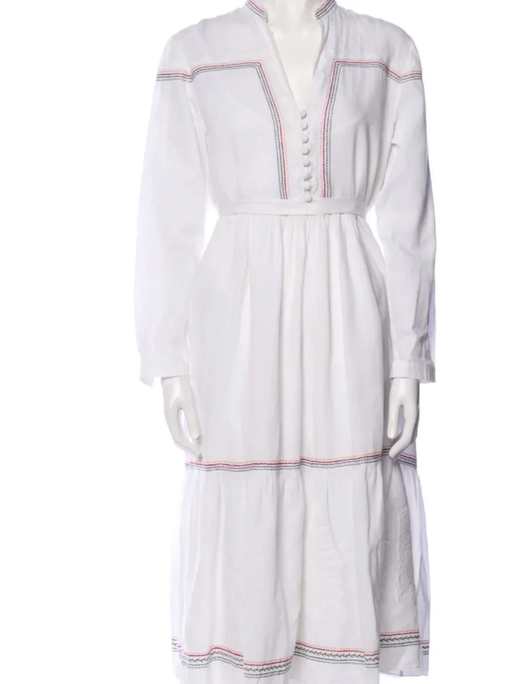 Saloni V-Neck Midi Length Linen Dress White | Size: M | US6, UK10 - Picture 5 of 7